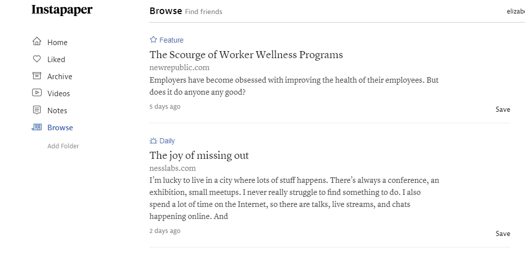 The Instapaper home page