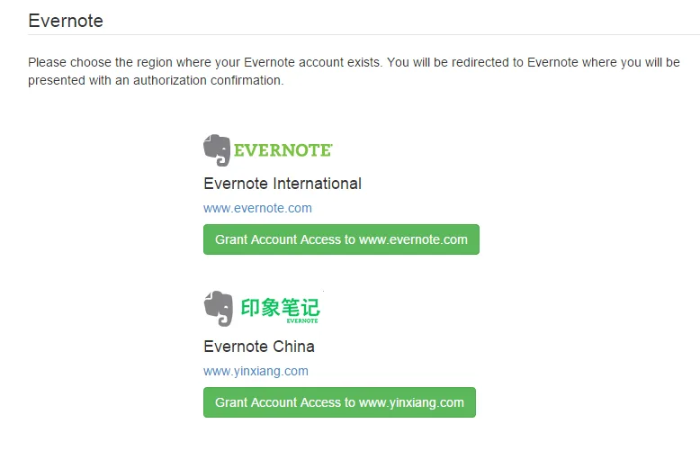 The Evernote settings page with the option to grant access to www.yinxiang.com