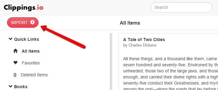 The Import button in Clippings.io