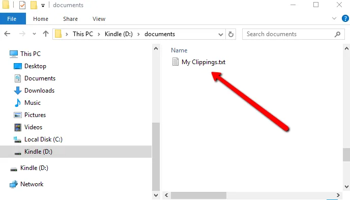 Selecting My Clippings.txt in the Kindle's documents folder