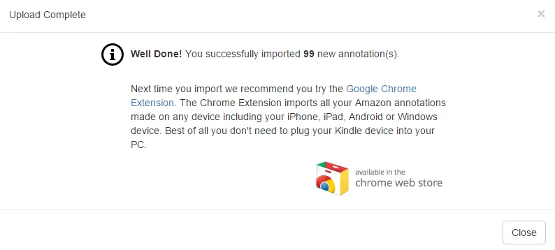 The upload complete message