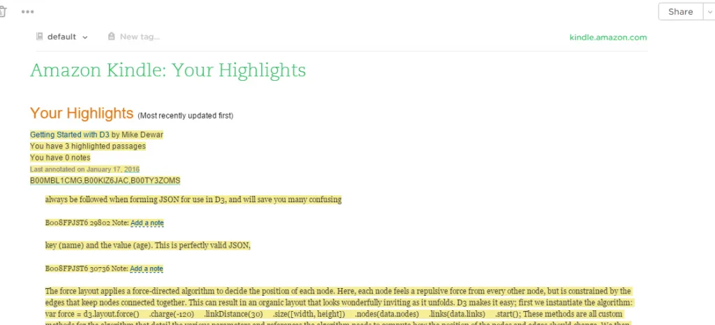 Clipped highlights in Evernote, with Amazon's notations around them