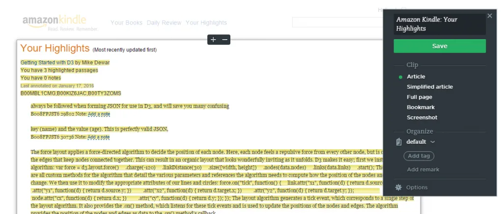 Clipping Kindle highlights with the Evernote Web Clipper