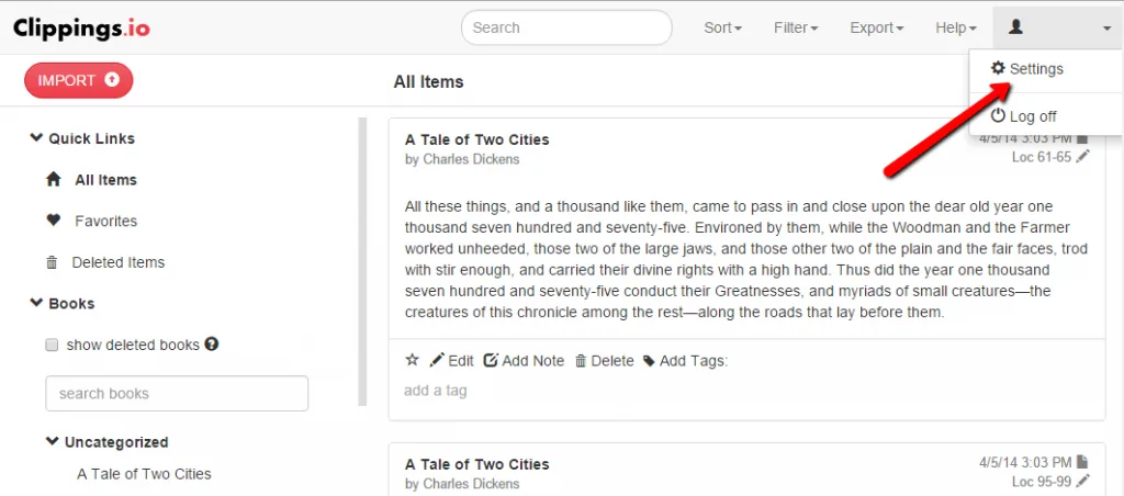 The Settings menu under the account name in Clippings.io