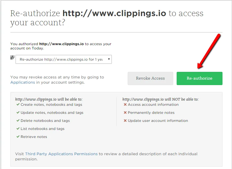 Authorising Clippings.io in Evernote