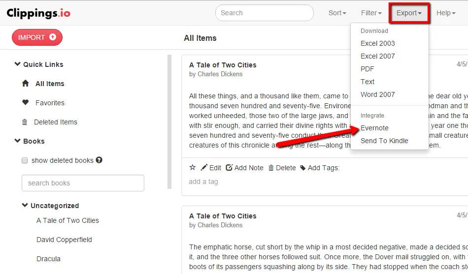 The Export menu in Clippings.io