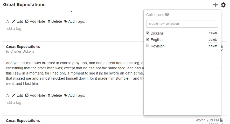 The Collections dialog, opened from the cog next to a book title
