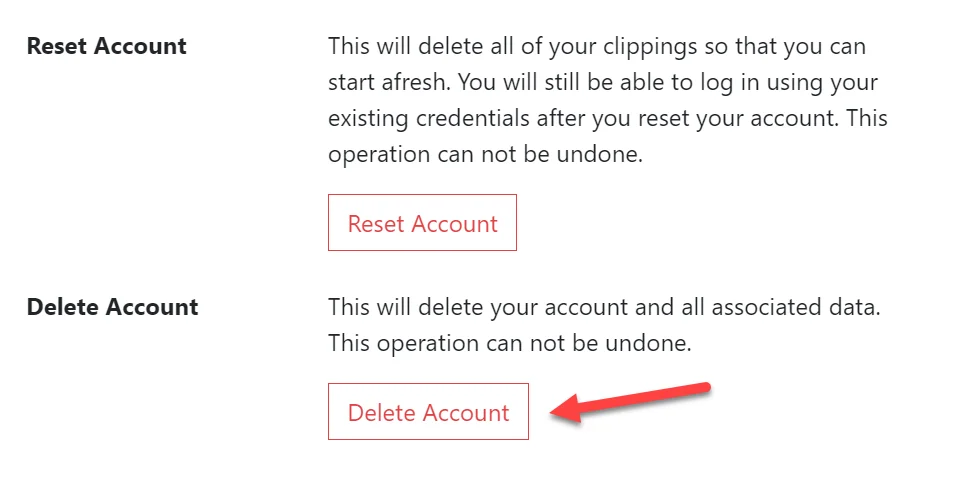 Delete account button