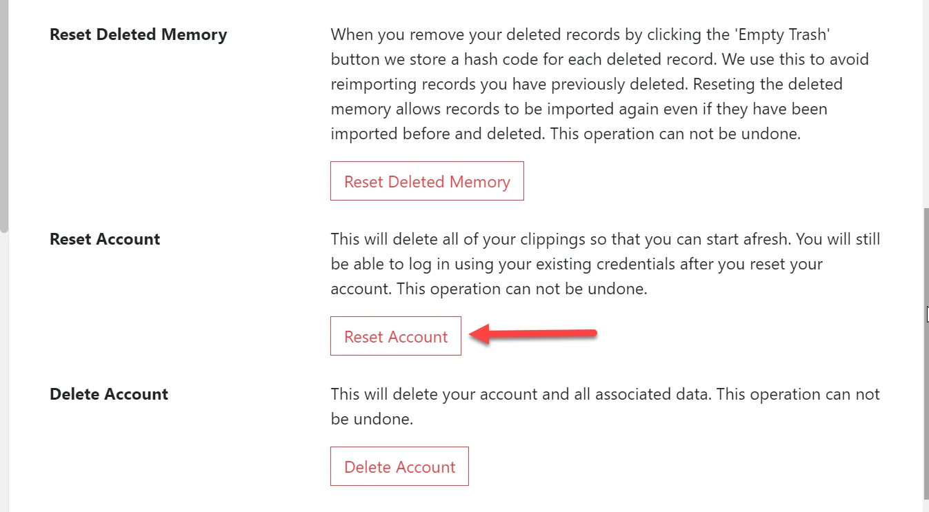 Reset account button