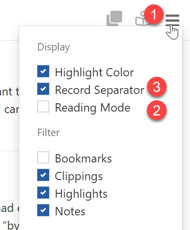 Reading mode menu